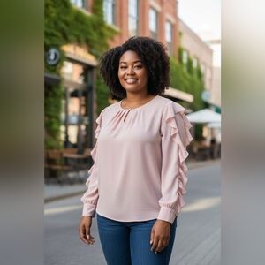 Lane Bryant sz 14/16 light pink ruffle sleeve dress blouse shirt WT152